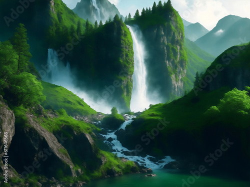 Moutain with waterfall green nature, Generative AI Illustration. © Creative_Bringer