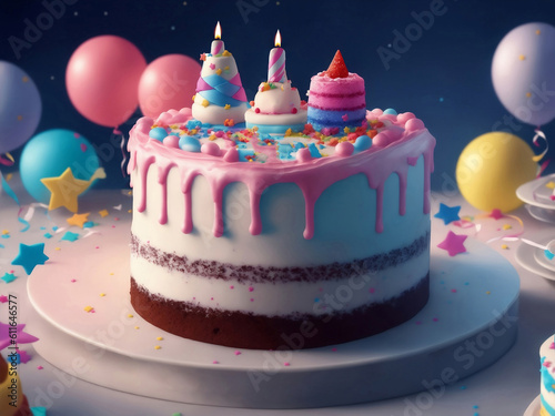 A cute happy birthday cake  Generative AI Illustration.