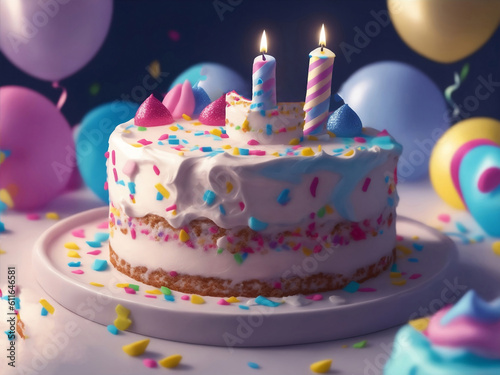 A cute happy birthday cake  Generative AI Illustration.