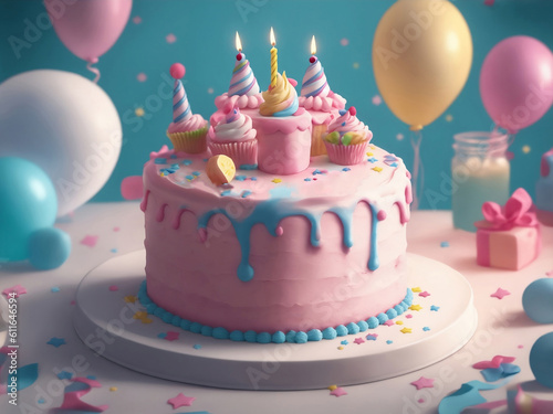 A cute happy birthday cake  Generative AI Illustration.