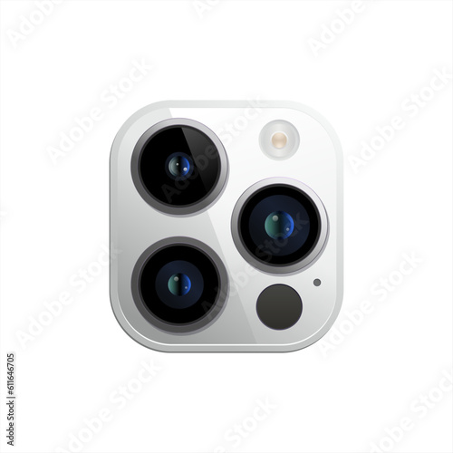 Triple Lens Camera on smart phone. Silver color. Vector illustration.
