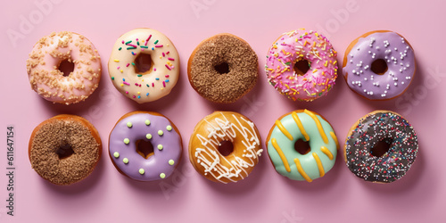 Top view of assorted donuts on blue concrete background with copy space. Colorful donuts background. Various glazed doughnuts with sprinkles