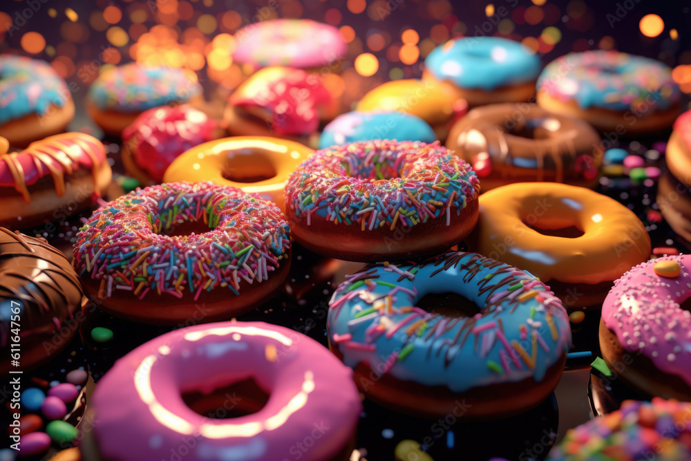 Top view of assorted donuts on blue concrete background with copy space. Colorful donuts background. Various glazed doughnuts with sprinkles