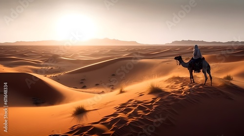 Landscape of a hot desert with sandy wave, someone riding a camel in the evening. Generative AI technology.