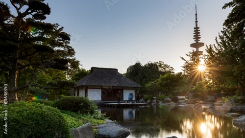 Hamburg, Germany: sunset at Japanese teahouse in the city park 
