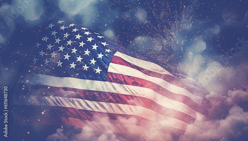 bandera americana entre fuegos artificiales, estilo retro. Ilustracion de Ia generativa