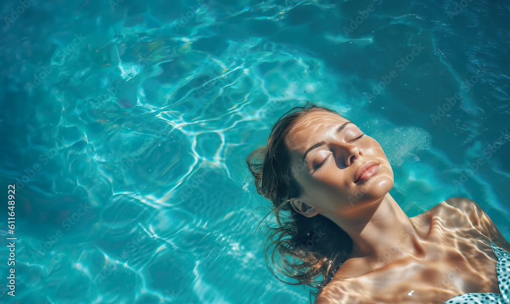 Serene Summer Getaway: Woman's Blissful Poolside Retreat with Closed Eyes Serene Summer Getaway: Woman's Blissful Poolside Retreat with Closed Eyes