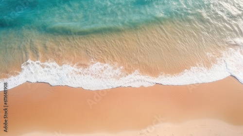 Aerial view of serene beach and waves with turquoise sea water. Top view of sea landscape. Summer  vacation mood banner with copy space. Generative AI