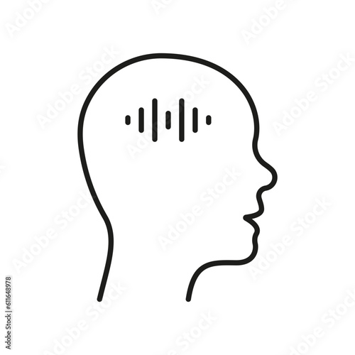 Voice in Human Head Line Icon. Self Talk, Man Thinking Linear Pictogram. Listen To Inner Voice Waves Outline Symbol. Mental Sound, Internal Dialogue. Editable Stroke. Isolated Vector Illustration