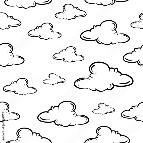 Vector Hand Drawn Style Clouds Seamless Pattern on White Background Clouds collection flat style. Clouds Set in Line Style Cartoon Clouds design elements Vintage Engraving Style illustrations
