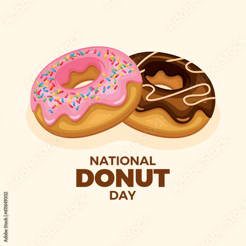 National Donut Day vector illustration. Donut with pink and chocolate frosting icon vector. Doughnut with pink and chocolate icing illustration. The first Friday of June every year