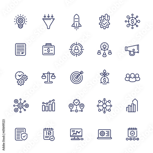 startup line icons set, product launch, project funding and marketing