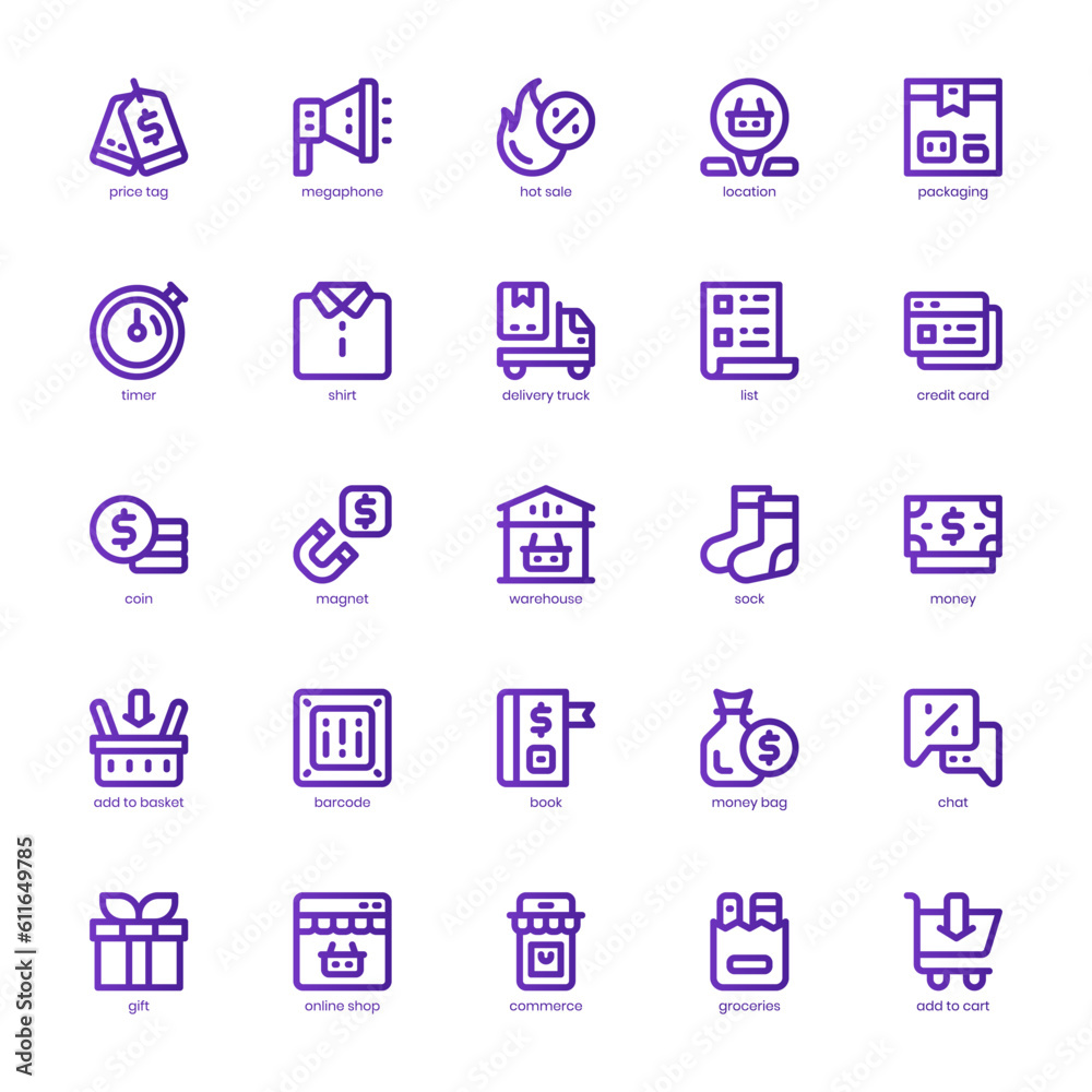 Sale and Shopping Icon pack for your website design, logo, app, and user interface. Sale and Shopping Icon basic line gradient design. Vector graphics illustration and editable stroke.