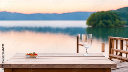 Empty wooden table top with blurred lakeside cafe on a gorgeous Italian lake in the evening. for mounting your product, generative ai