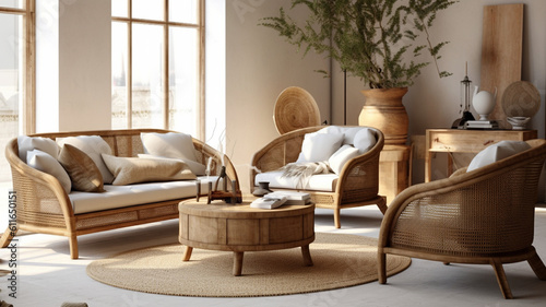 living room with rattan furniture sofa table and lamp