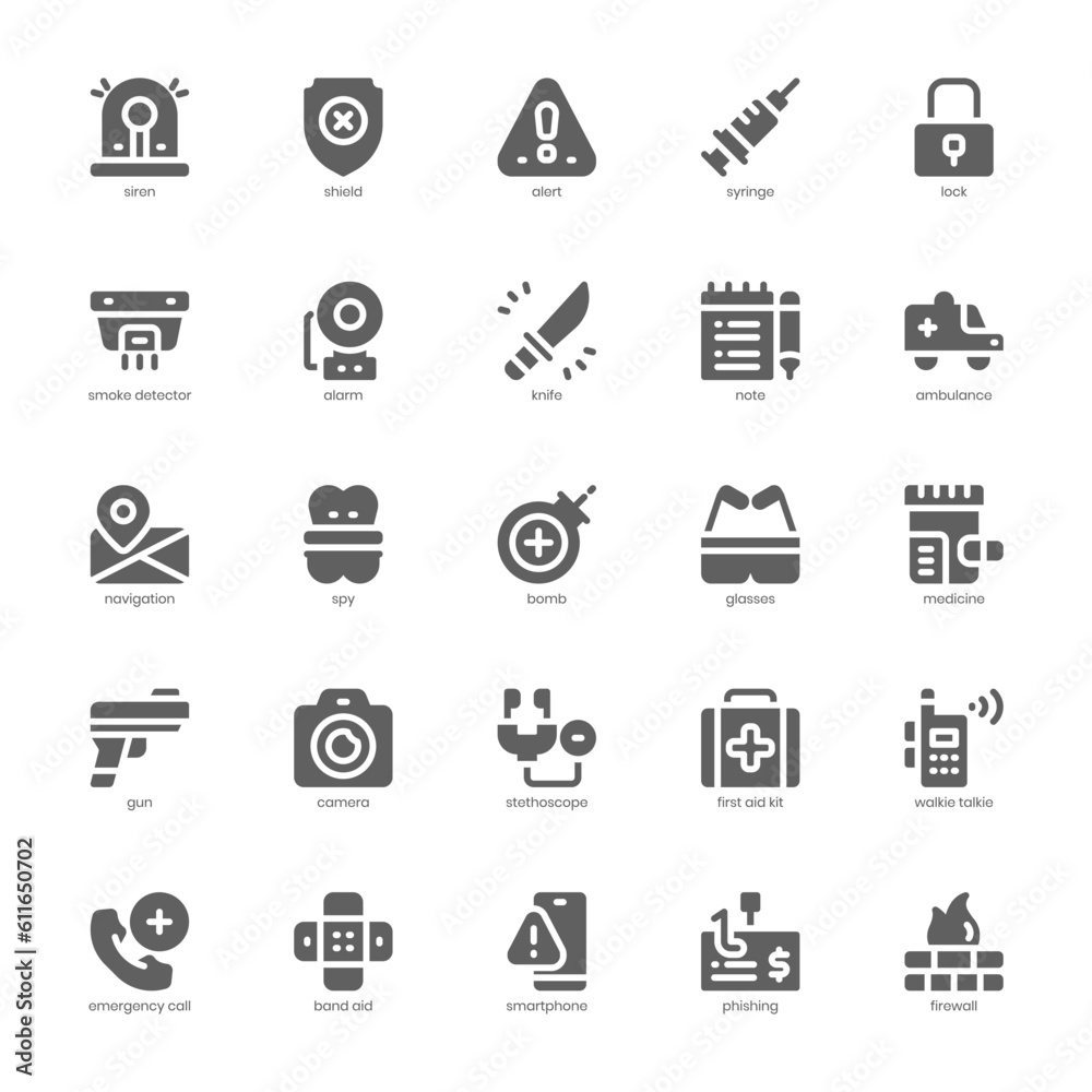 Security and Service Icon pack for your website design, logo, app, and user interface. Security and Service Icon glyph design. Vector graphics illustration and editable stroke.