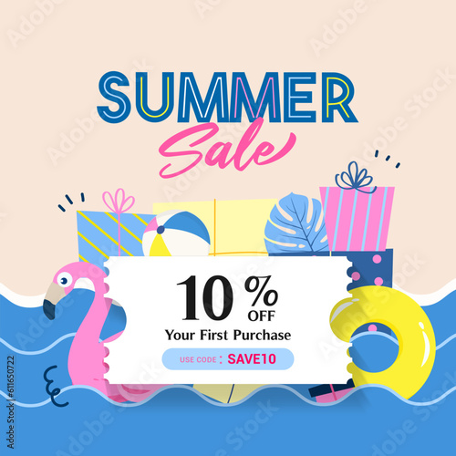 Summer sale gift boxes coupon template vector illustration. Promotion coupon code. summer beach