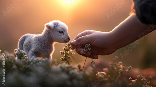 A farmer hand-feeding a newborn lamb, illustrating the nurturing aspect of animal husbandry. Generative ai.
