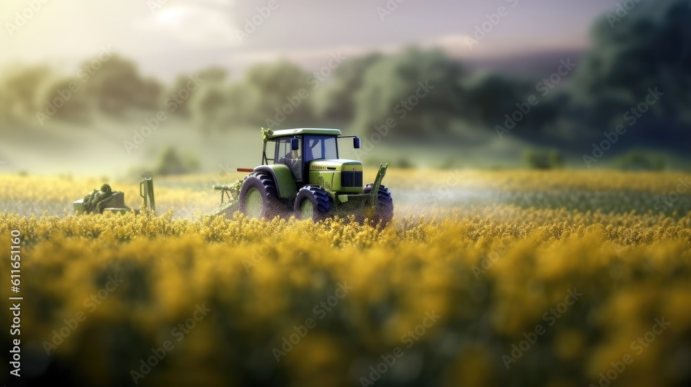 Fototapeta premium A tractor rumbling across a vast field, demonstrating modern agricultural machinery. Generative ai.