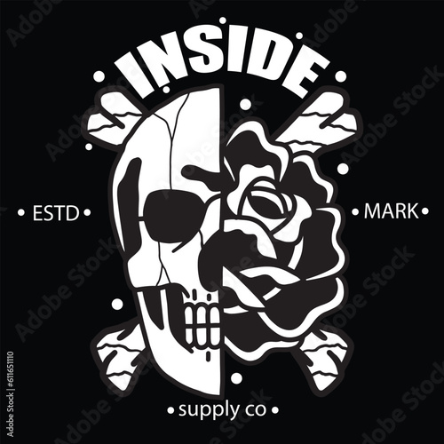 skull and rose flower Vecktor design illustration for t-shirt