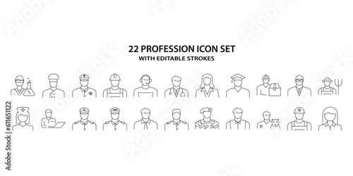 Profession icon set. Line icons about avatar professions. Vector image set of profession line icons. Vector illustration. Editable stroke.
