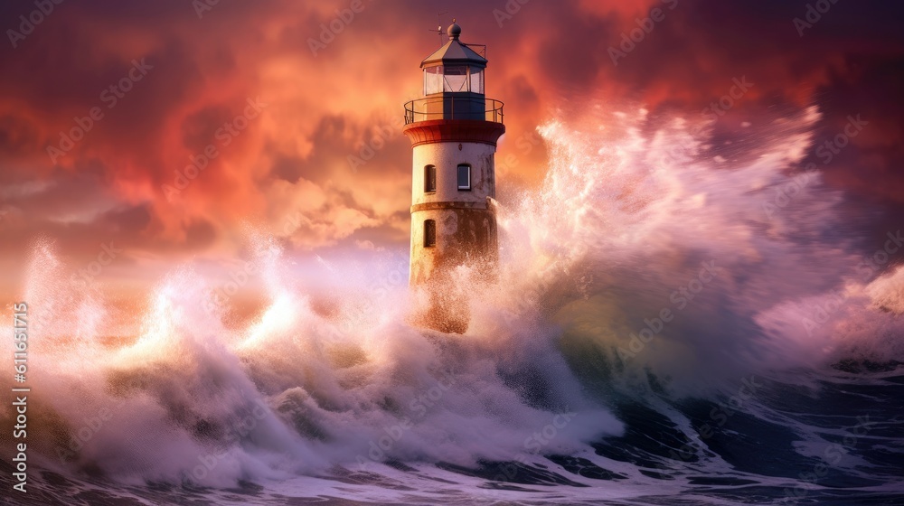 Remote lighthouse standing tall against crashing waves. Generative ai.