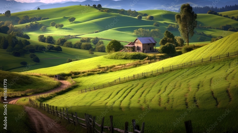Rustic farmhouse surrounded by rolling green hills. Generative ai.