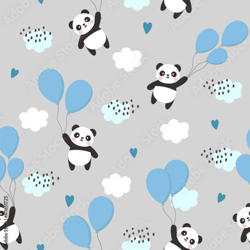 cute panda bear in the sky with bright balloons on a grey neutral seamless background. Kids vector pattern with kawaii animals