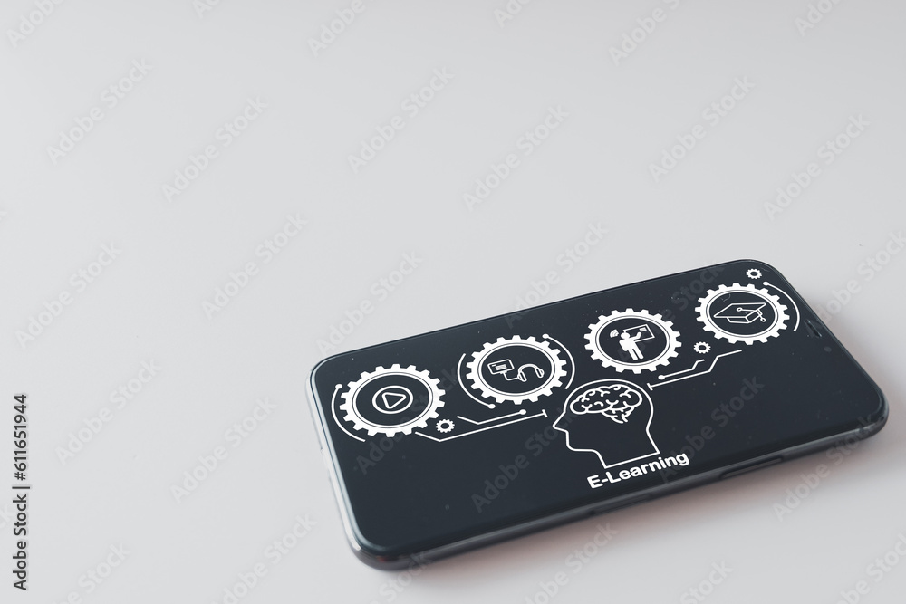 Education,E-Learning,Online Education or Learning concept.,Smartphone with E-Learning icon over white background with copyspace for technology idea. Education,E-Learning,Online Education or Learning concept.,Smartphone with E-Learning icon over white background with copyspace for technology idea.
