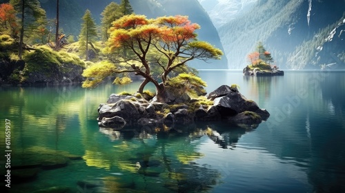 Tranquil lake nestled among lush mountains. Generative ai.