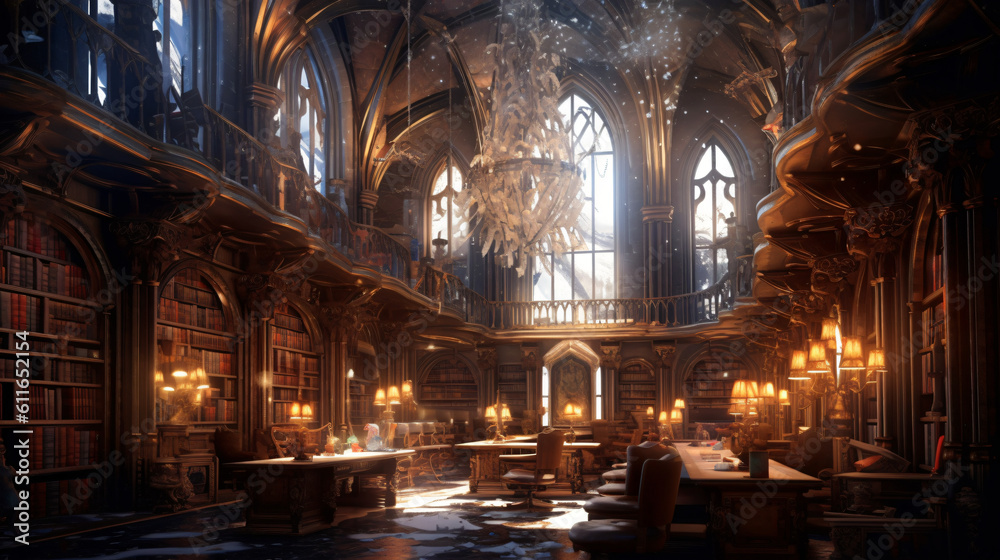 Fantasy library in cozy cathedral environment