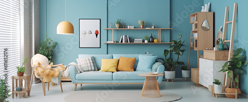 Moderno salon visto de frente con sofa y estaterias de madera, tonos azulados . Ilustracion de Ia generativa