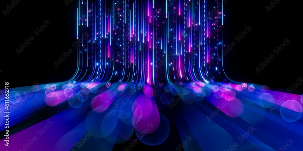 3d render, abstract neon background with glowing pink blue vertical ...