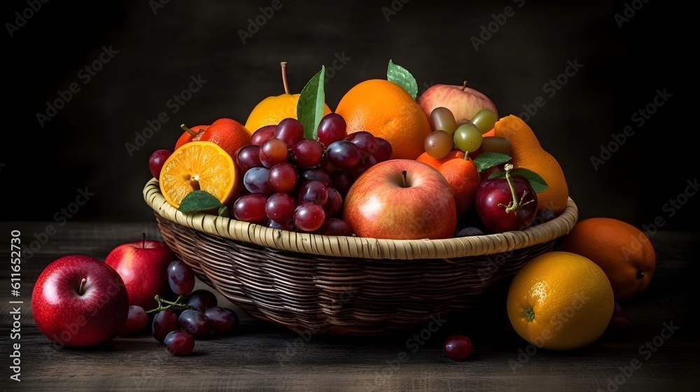 Set of fruit or various mix healthy fruit on the basket studio shot at the table dark background. Assortment of fruit. Set of fruit or various mix healthy fruit on the basket studio shot at the table dark background. Assortment of fruit.