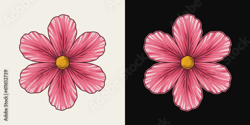 Colorful pink flowers with 6 petals. View from above. Good for groovy, hippie, naive style, kids design. Detailed illustration in vintage style.