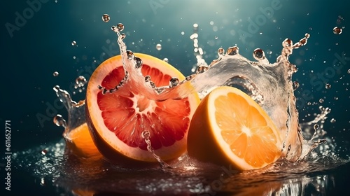 Slice of yellow grapefruit and orange in the water surface explosion and splash.