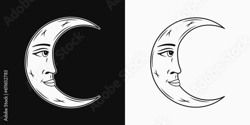 Crescent moon with face in profile. Vector black and white illustration in vintage style on black, white background. Mythological fairytale character, alchemy and astrology symbol.