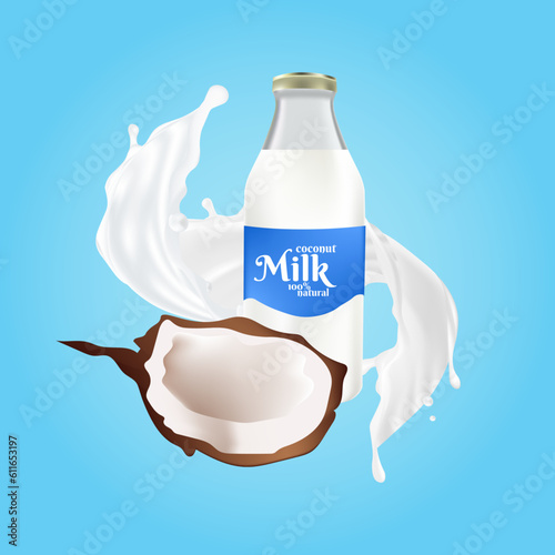 Coconut vegan milk non dairy in bottles. Coconut milk for your design. Coconut milk Vector illustration