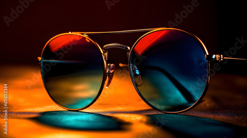 Fancy trendy modest black color dark lens man or woman fashionable attractive sun glasses at the studio shot dark background.