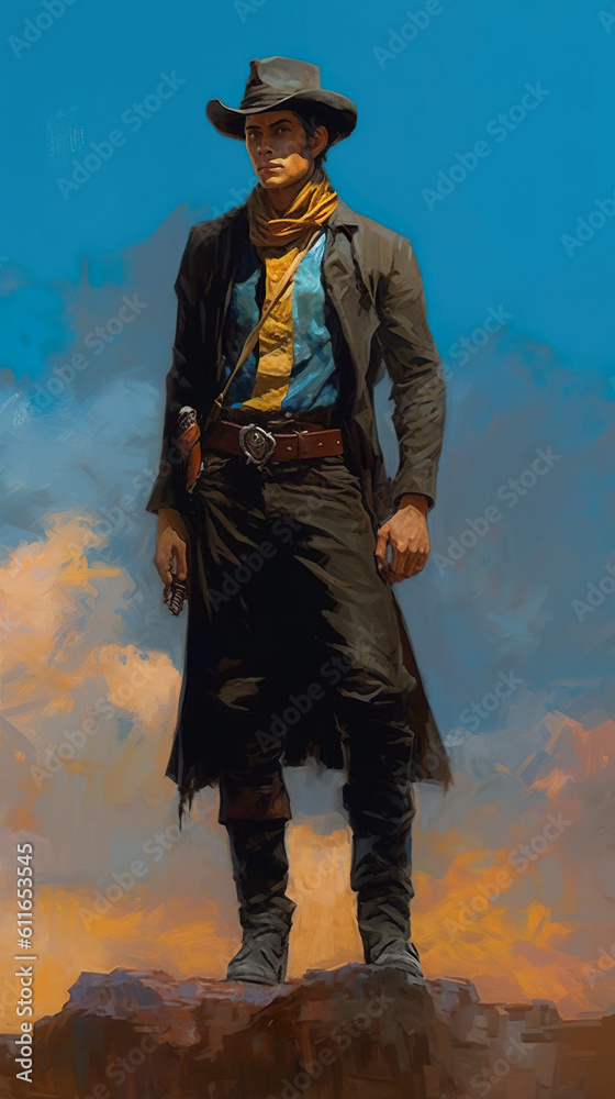 A painting of a cowboy standing on a rock. Generative AI. A painting of a cowboy standing on a rock. Generative AI.