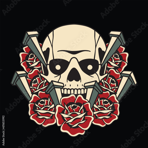 skull impaled nails and rose flower Vecktor design illustration for t-shirt