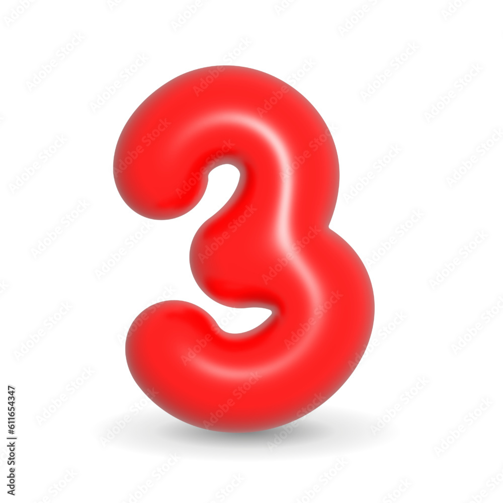 Glossy, luxury and colorful red balloon number three. 3d realistic design element isolated on white background. For Events, Sales, Birthday cake. Glossy, luxury and colorful red balloon number three. 3d realistic design element isolated on white background. For Events, Sales, Birthday cake.
