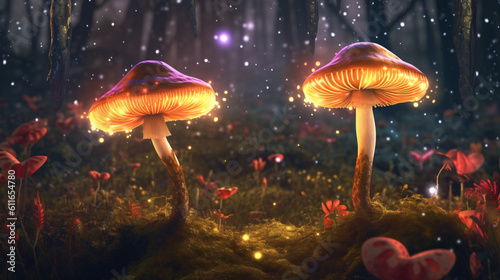Glowing mushroom lamps with fireflies