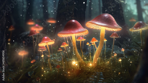 Glowing mushroom lamps with fireflies © osama