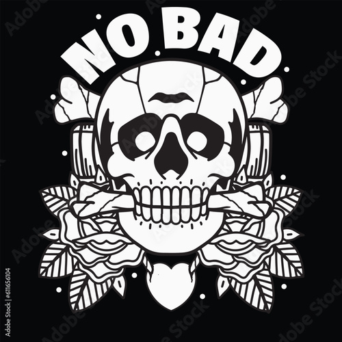 illustration of bound love Vecktor design with skull biting bone and flower for t-shirt