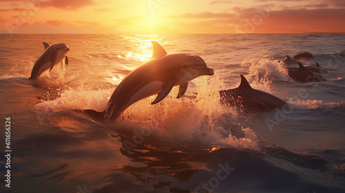Tableau sur toile A group of dolphins jump into the water in the morning, Generative Ai