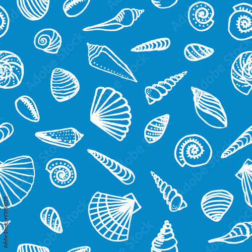 Hand drawn line art different shaped seashells as summer sea vacation background.Aquatic marine life doodle wallpapers © Sunny_Smile