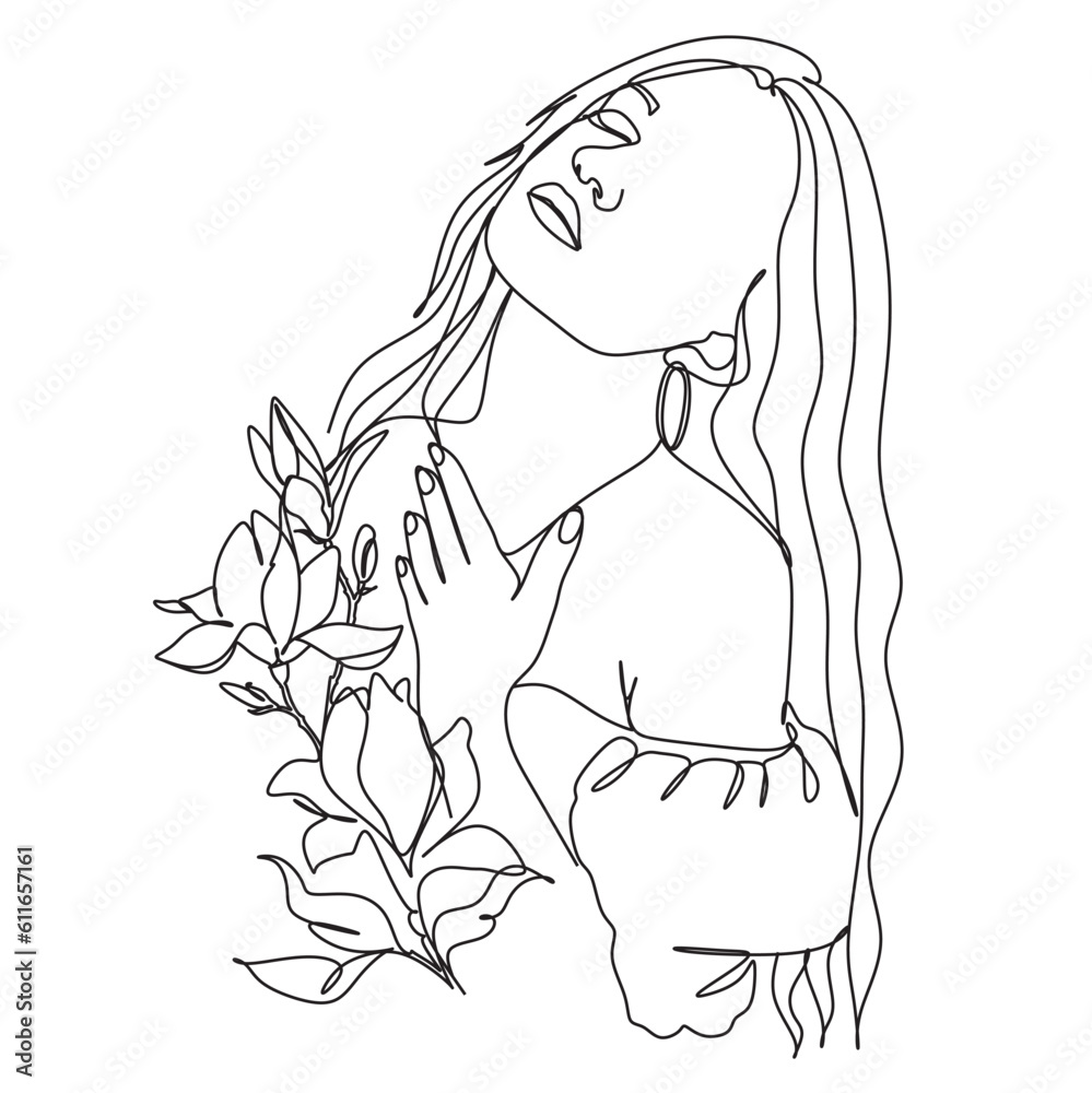 Woman Face with flowers. Line Art Woman Face Drawing. Woman Face with flowers. Line Art Woman Face Drawing.