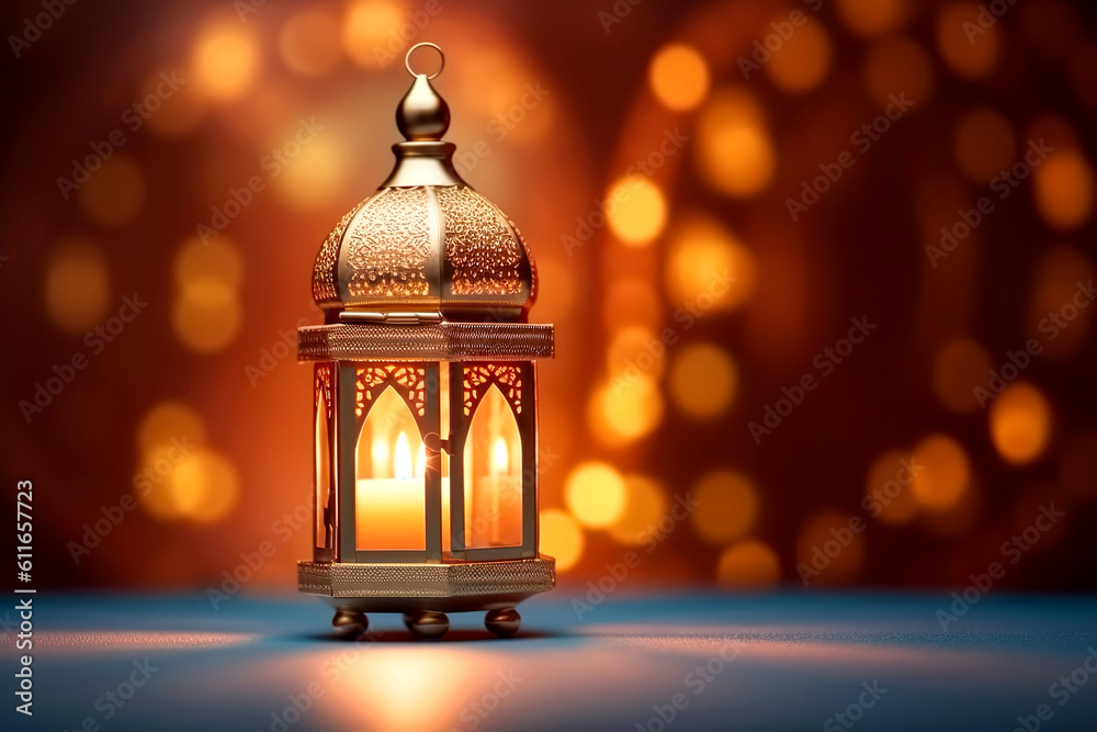 Ornamental Arabic lantern with burning candle glowing at night and glittering golden bokeh lights. Festive greeting card, invitation for Muslim holy month Ramadan Kareem. Generative AI. Ornamental Arabic lantern with burning candle glowing at night and glittering golden bokeh lights. Festive greeting card, invitation for Muslim holy month Ramadan Kareem. Generative AI.