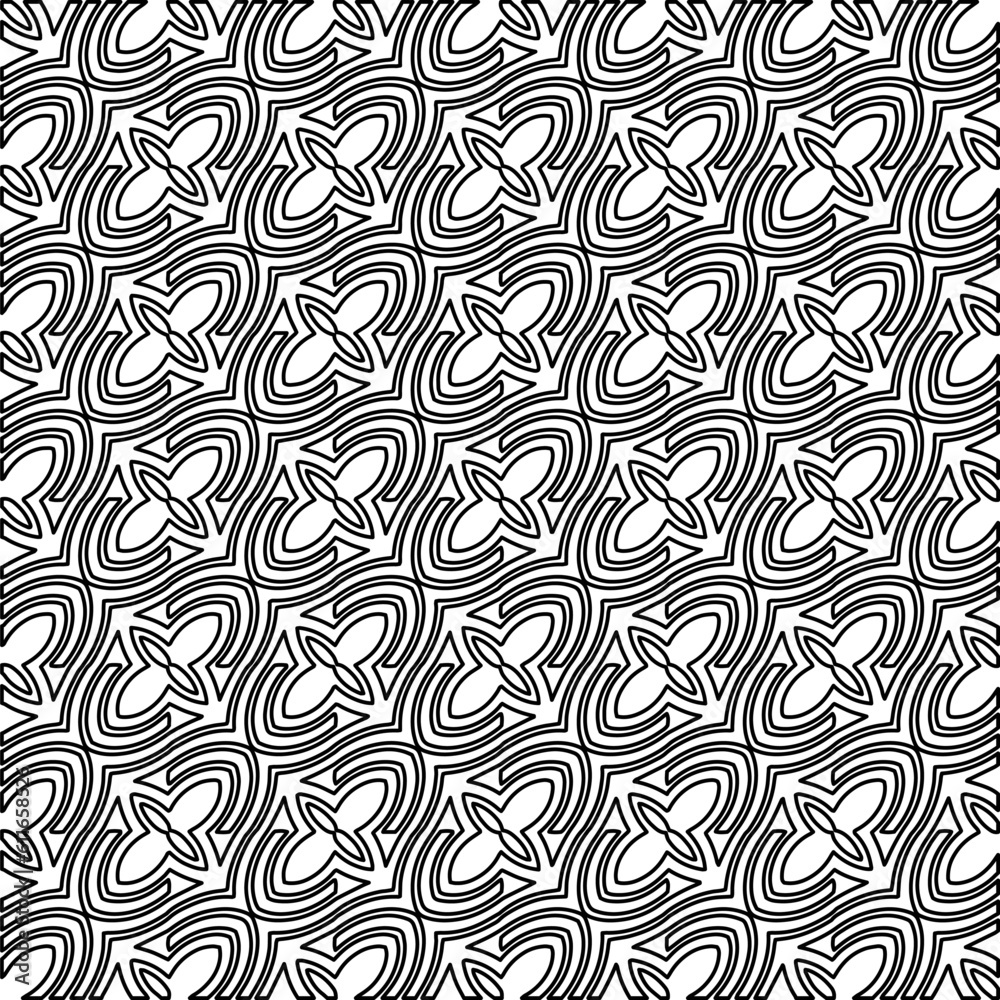 Stylish texture with figures from lines.
Abstract geometric black and white pattern for web page, textures, card, poster, fabric, textile. Monochrome graphic repeating design. 